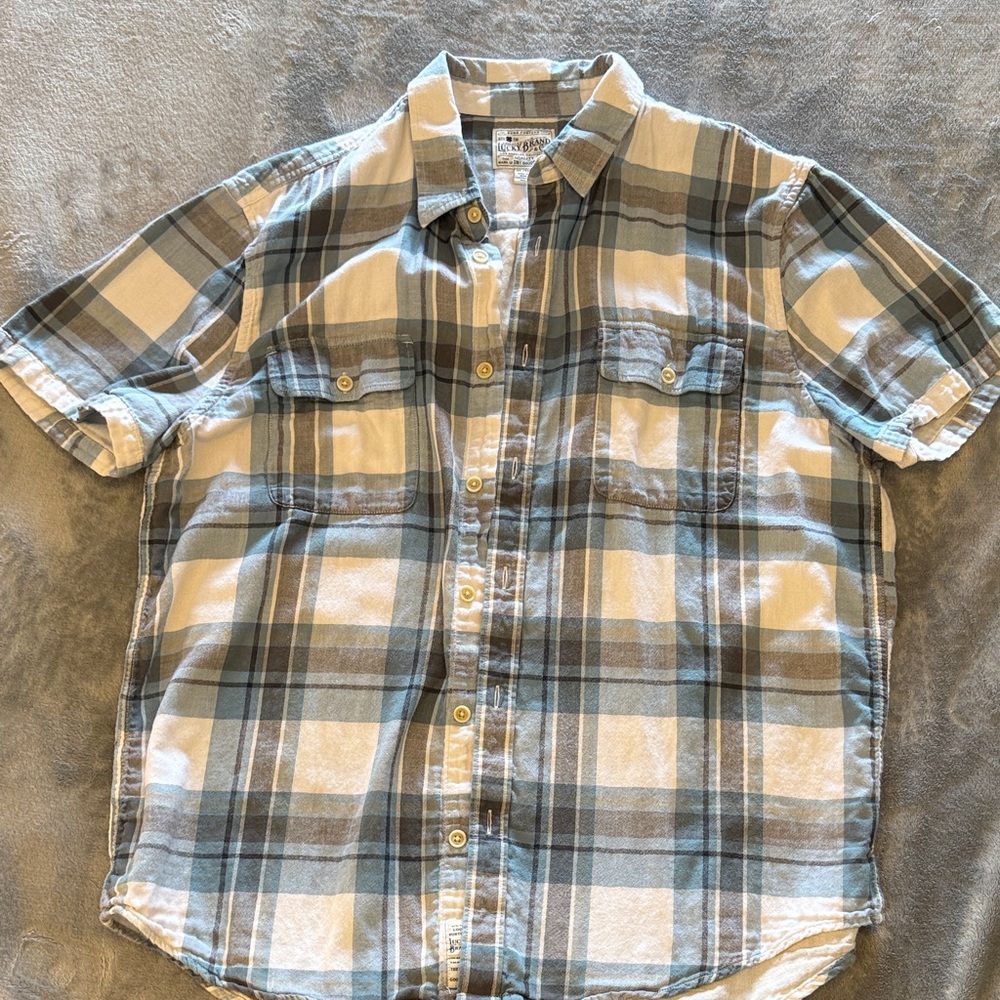 Men’s Lucky Brand Casual Blue and White Plaid Shirt Size LX